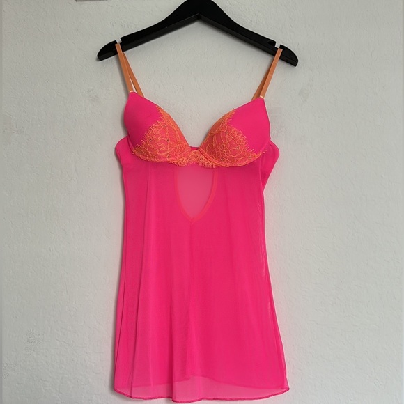 Pink & Orange Trimmed Mesh Teddy Babydoll - Picture 2 of 5